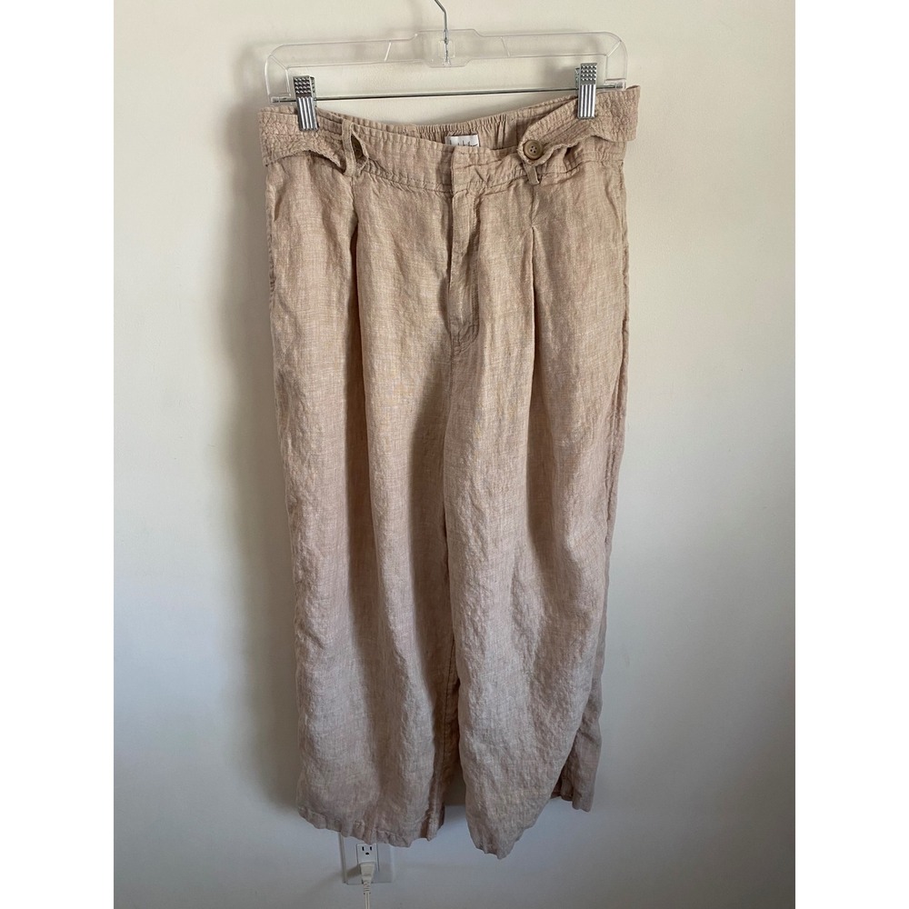 Nicole Miller New York 100% Linen Wide Leg Pleated Pants Beige Oatmeal Size 12